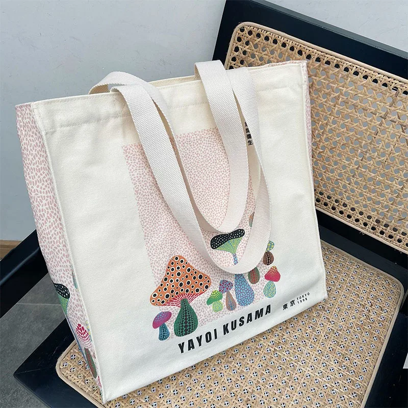 Yayoi Kusama Art Paintings Canvas Bag Yayoi Kusama Mushroom Pumpkin Tote Bag Large Capacity Shoulder Shopping Bag for Women