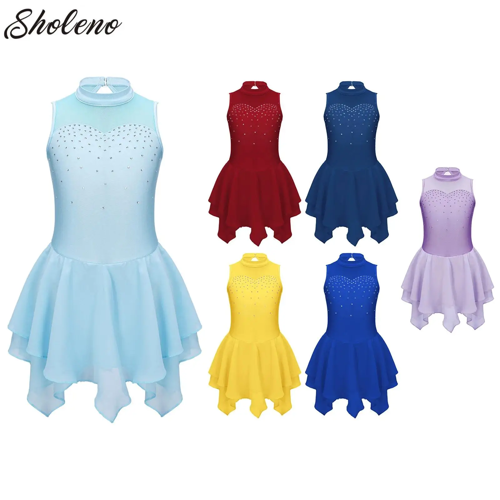 Kids Girls Figure Skating Dress Shiny Rhinestone Mesh Sheer Tutu Ballet Gymnastics Leotard Dress Ballroom Performance Dancewear