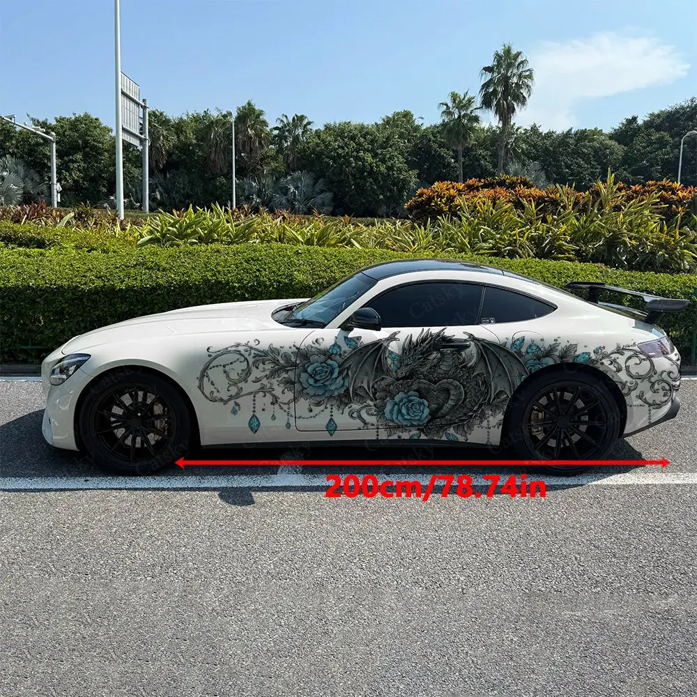 2pcs Scroll Vine Rose Winged Dragon Car Side Wrap, Self-Adhesive PVC Waterproof & Scratch-Resistant Stickers, Car Accessory Gift