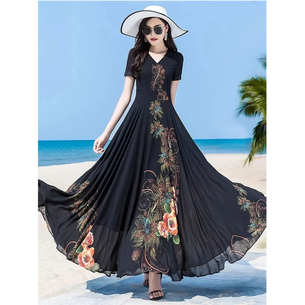 Elegant Summer Dress Short Sleeve High End fake Two-Piece Dress 2025 New Fashion Print Slim Fit And Slimming To Ankle Long Skirt