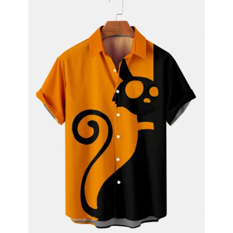 Popular Men's Hawaiian Shirt with Cat Print Short Sleeved Top for Beach Vacation,sunset,Harajuku Men's Casual Unisex Style Shirt