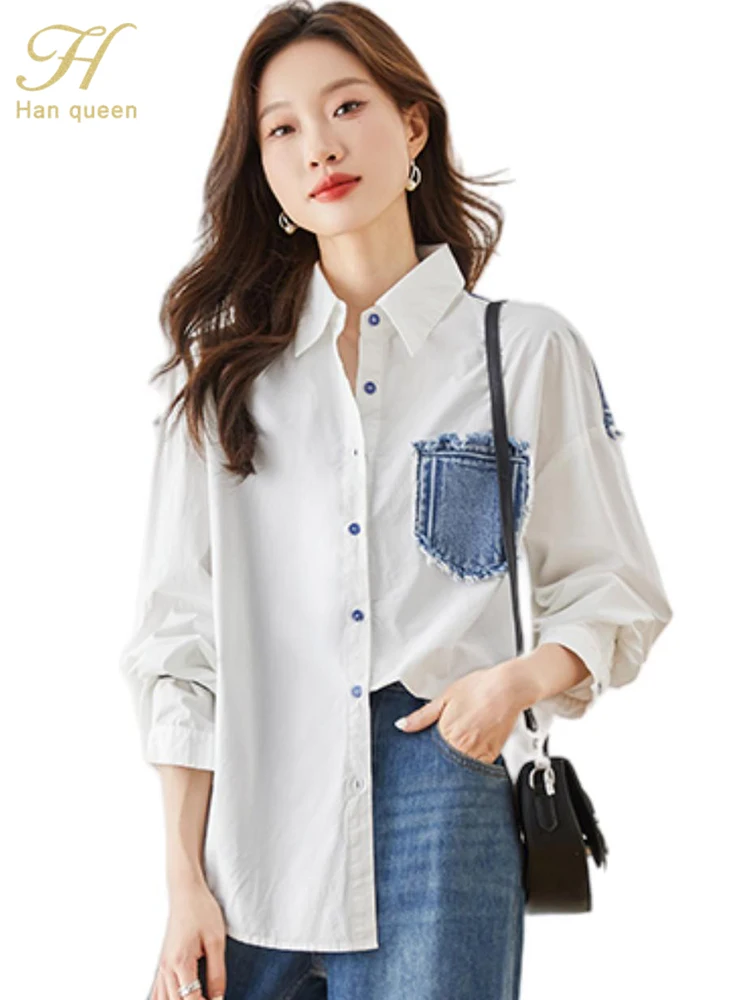 H Han Queen New Denim Patchwork White Shirt Women Blouse Vintage Work Casual Tops Spring Autumn Elegant Loose Shirts And Blouses