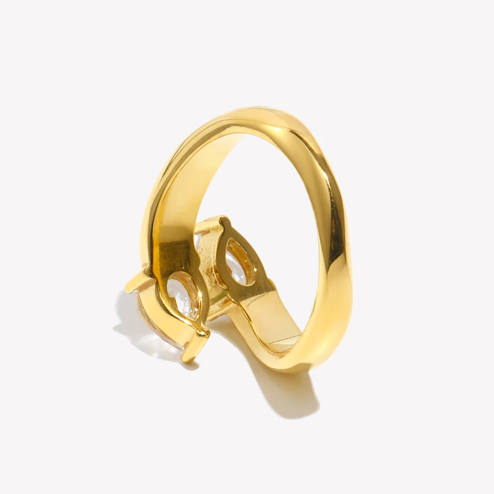 E.B.belle 18K Gold Plated Double-Headed Waterdrop Shiny Zircon Ring Minimalist 316L Stainless Steel Women Finger Jewelry