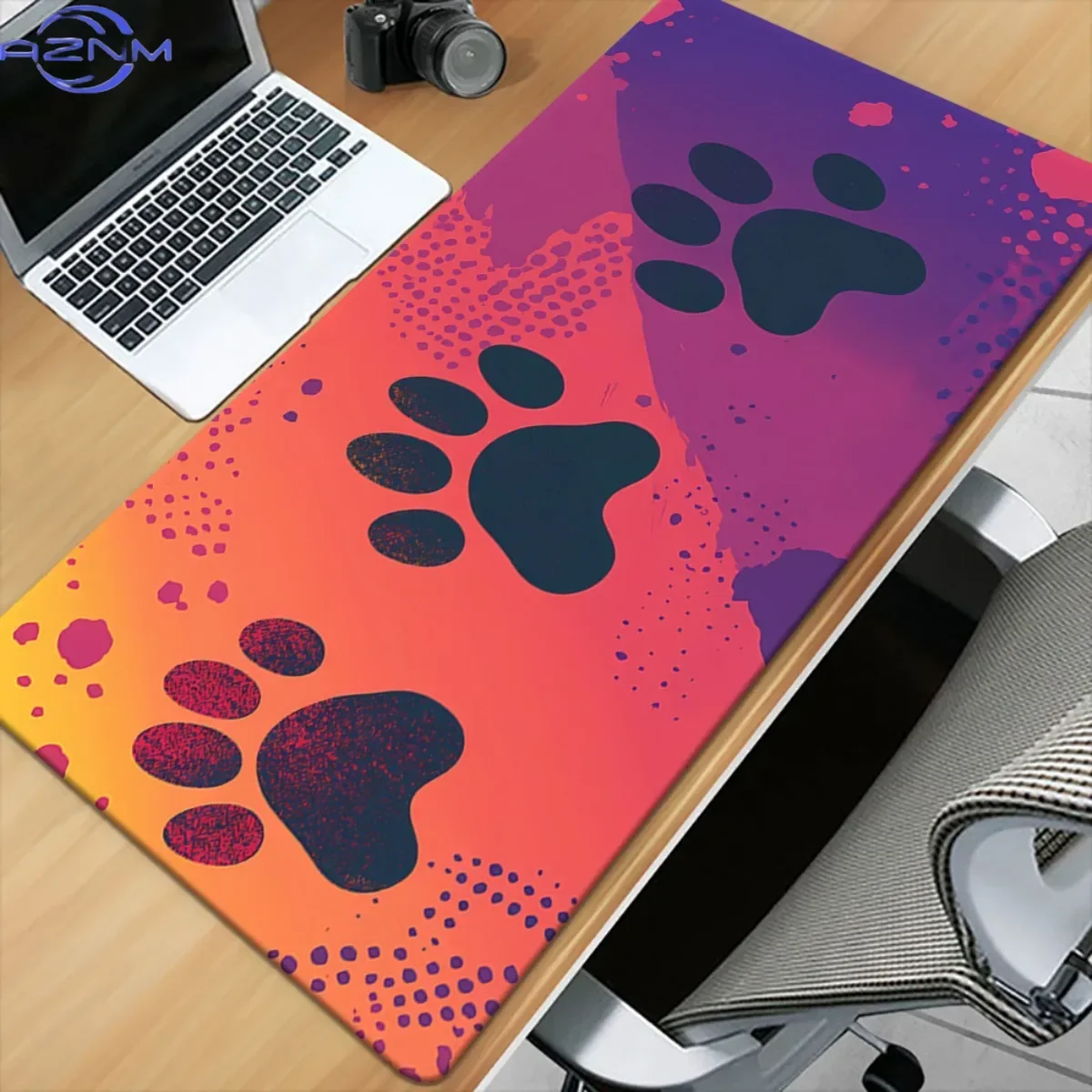Gradient Paw Print XXL Desk Mouse Pad, Orange Purple Splash Cat Paw Pattern Waterproof Rubber Base Cute Gaming Keyboard Mat