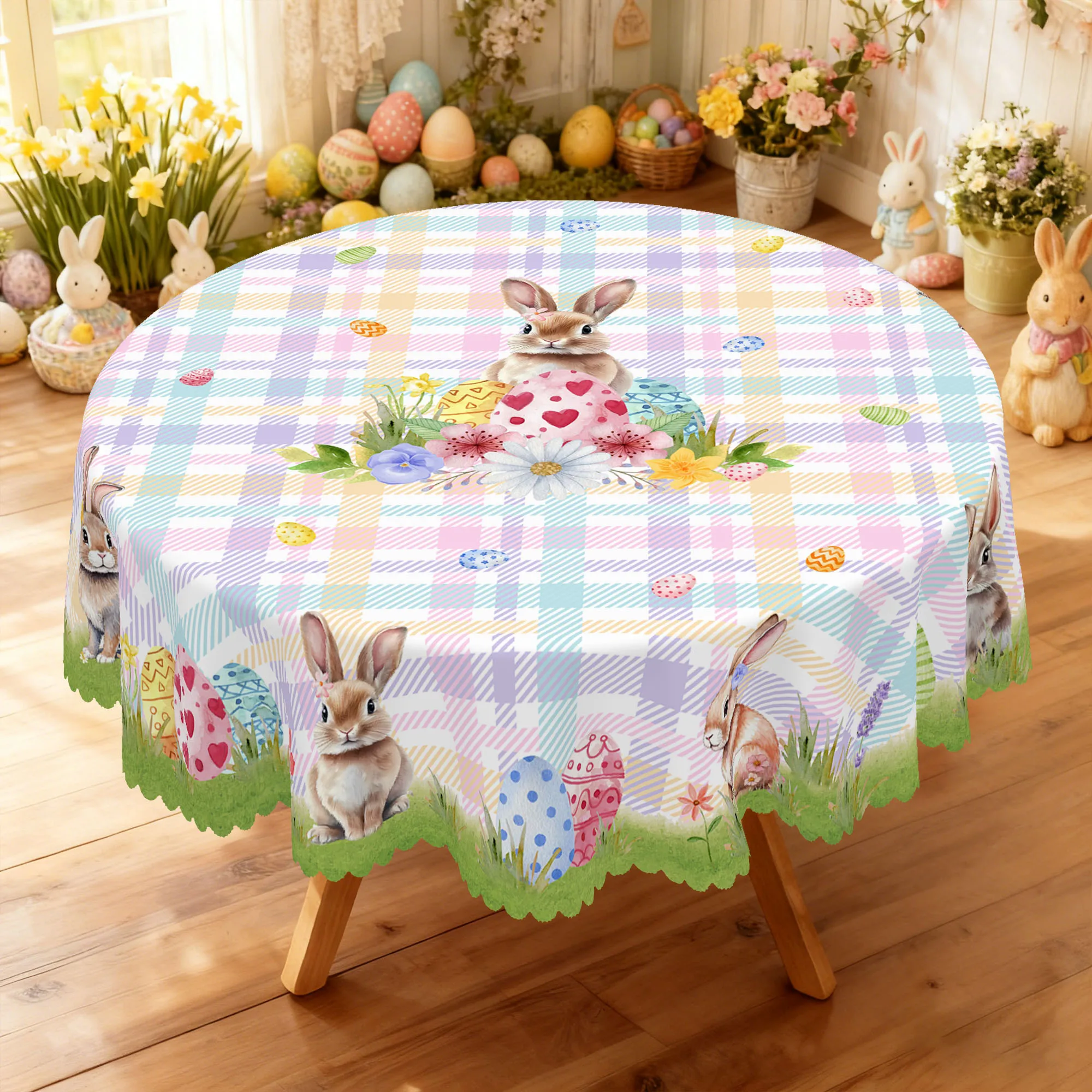 1 Pieza de Mantel Redondo de Pascua, Disponible en Varios Tamaños, Suave y Adorable con Conejitos Dispersos sobre un Diseño a Cuadros Fresco, Combinado con Huevos Pintados y Racimos Florales Coloridos, Mantel Redondo Estampado con Bordes en Relieve, Decoración de Pascua para el Hogar, Apto para Mesas de Comedor Familiares, Fiestas en la Terraza de Primavera, Decoración de Primavera, Regalos para Fiestas de Primavera