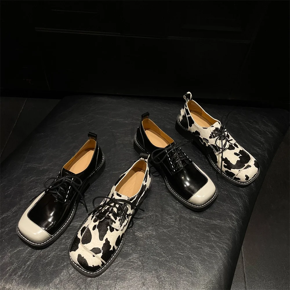 Taoffen New Casual Loafers For Women Genuine Leather Cow Color Round Toe Shoes Square Heel Commuting Thick Sole Lace-up Shoes