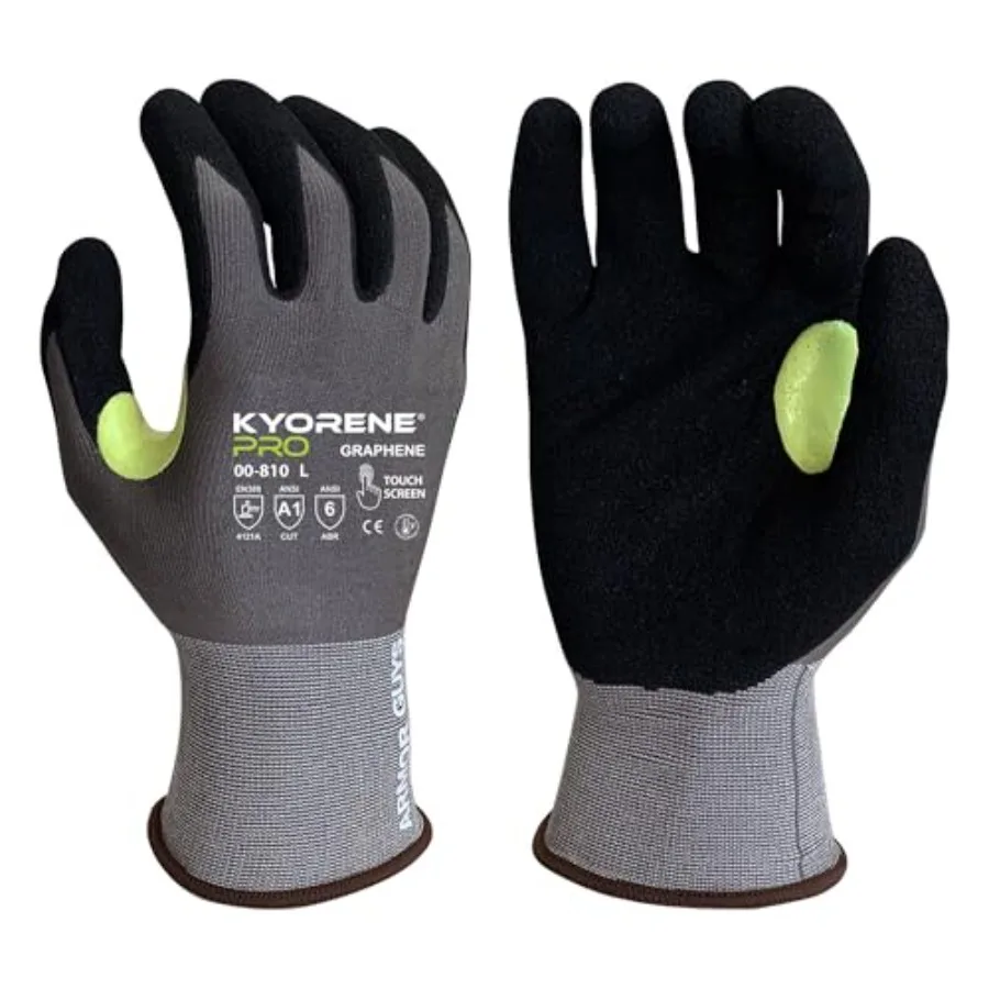 

00-810 Kyorene Pro Graphene Black Nitrile Work Gloves ANSI Cut Level A1 Touchscreen Compatible Ergonomic Light Gloves for Garde