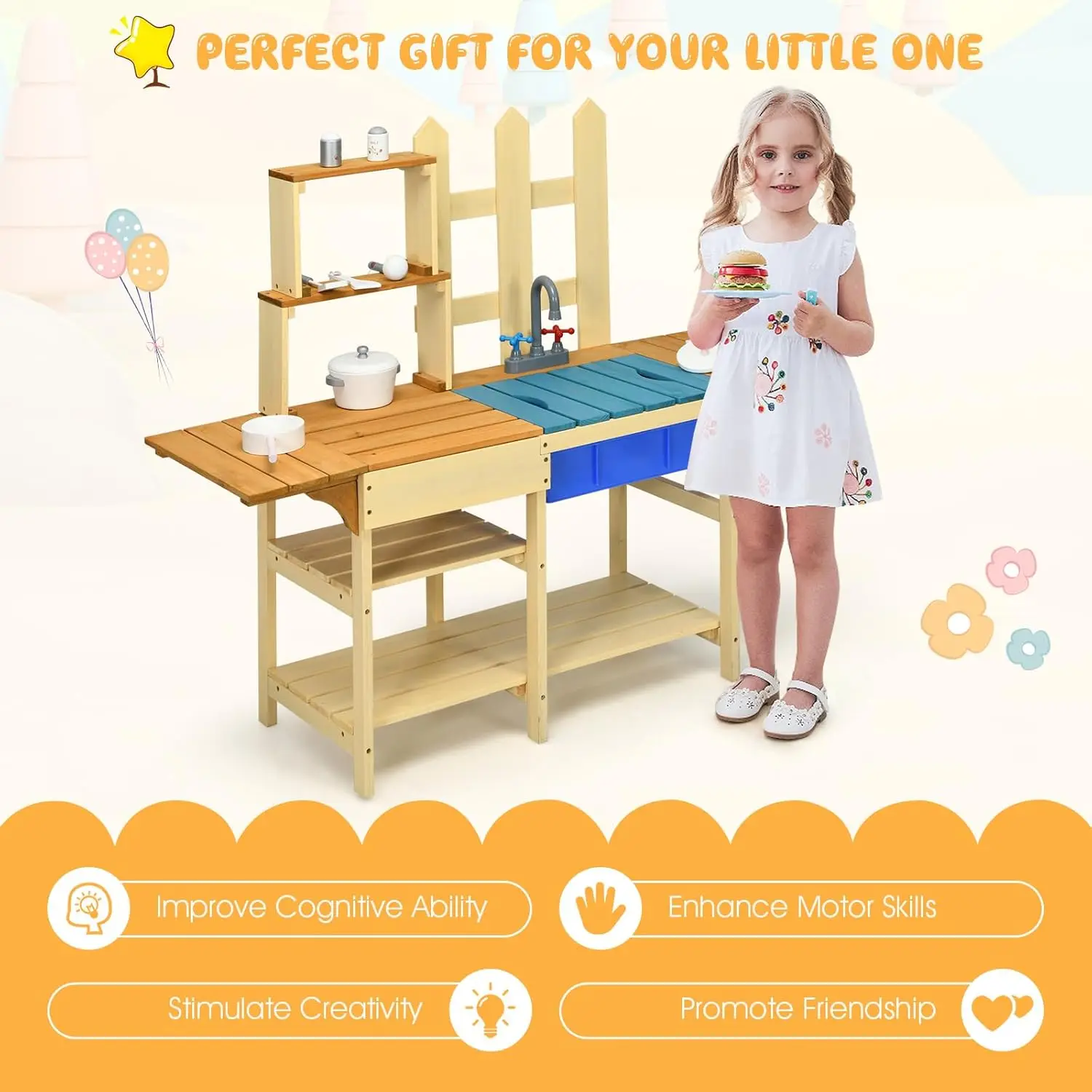 Kids Mud Kitchen Playset, Indoor Outdoor Wooden Pretend Play Toy Kitchen with Removable Sink, Simulated Faucet, Mud Kitchen for