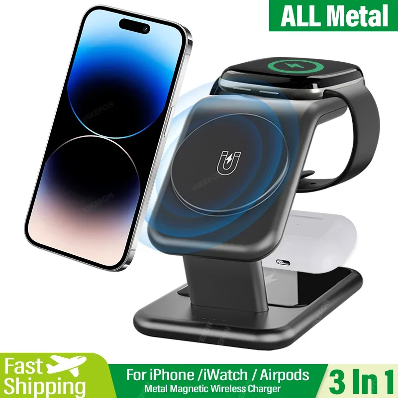 Cargador inalámbrico magnético 3 en 1, soporte Vertical de carga rápida para iPhone 15, 14, 13, 12, 11 Pro Max, Airpods Pro, iWatch 8, 7
