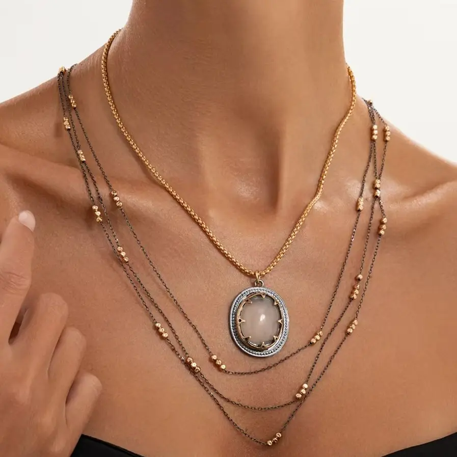 Salircon 2Pcs/Set Retro Geometry Glass Pendant Necklace for Women Punk Gold Color CCB Beads Adjustable Chain Party Jewelry New