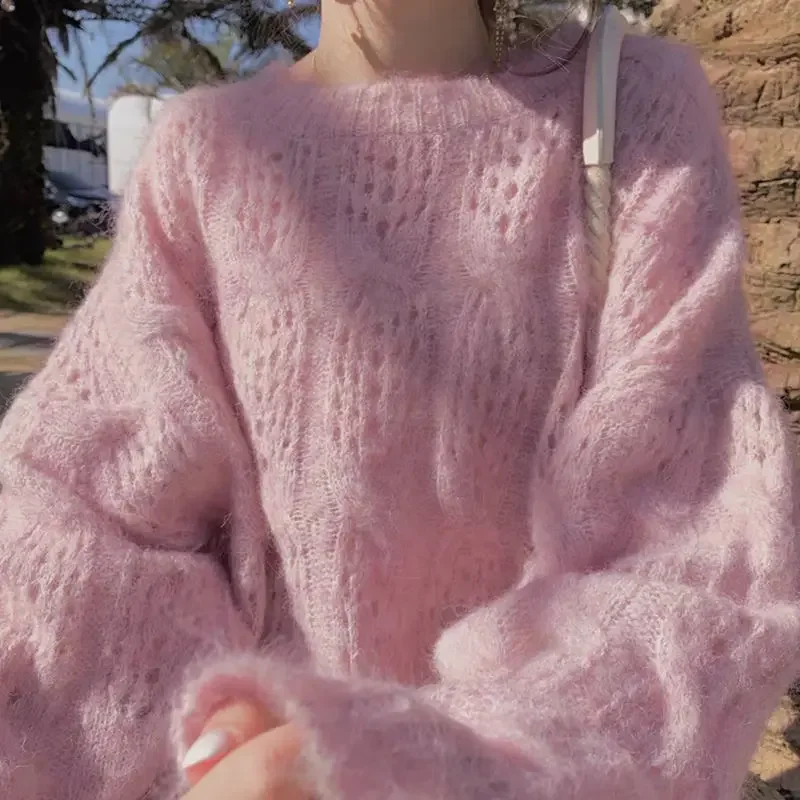Pink Mohair Hollowed Out Pullover Sweater for Women Spring Autumn Loose Sweet Elegant Fariy Knitted Sweater Kintwear Tops Femme