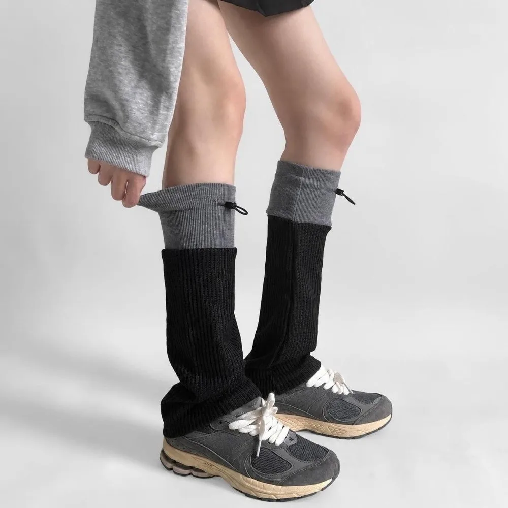 1 pair Middle Tube Leg Warmers Gray Spliced Adjustable Buckle Calf Socks Breathable Drawstring Closure Boot Cuffs Autumn Winter