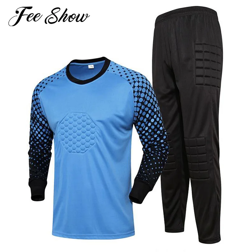 Kids Boys Color Block Goalkeeper Training Outfit Football Match Uniforms Long Sleeve Round Neck Sponge Padded T-shirt Sweatpants