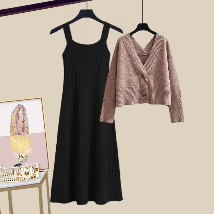 Autumn and Winter Set Women's Korean Edition New Western Style Knitted Cardigan Sweater Slim Slim Hanging Dress Two Piece Set