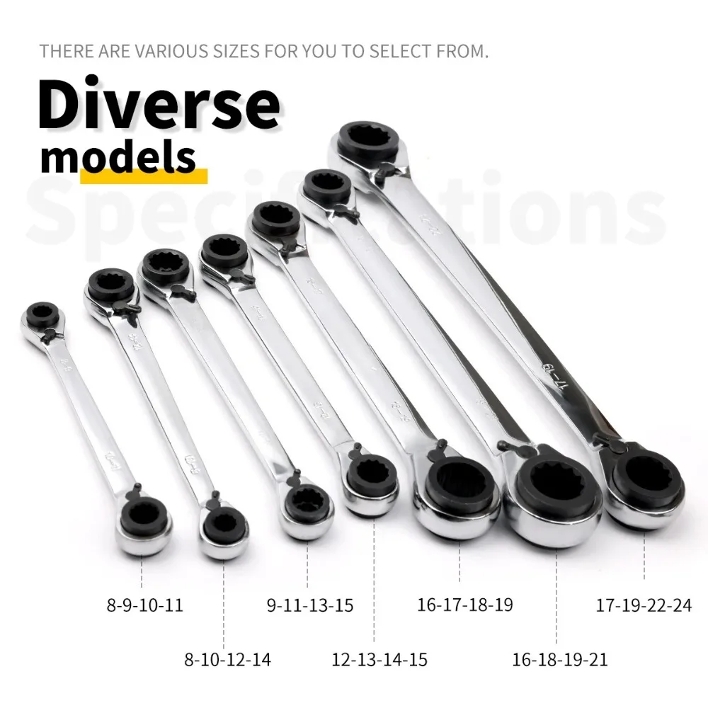 

Сверхмощный реверсивный двусторонний ключ с храповым механизмом 4-в-1 с коробкой/слижными/Torx-концами — многофункциональный механический инструмент для ремонта автомобилей