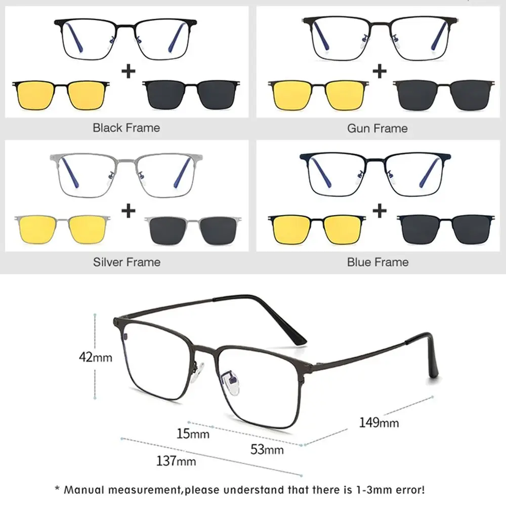 UV400 Metal Night Vision Clips Magnetic Glasses  with Magnet Clip On Sunglasses Anti Blue Light Glasses 3 In 1 Glasses
