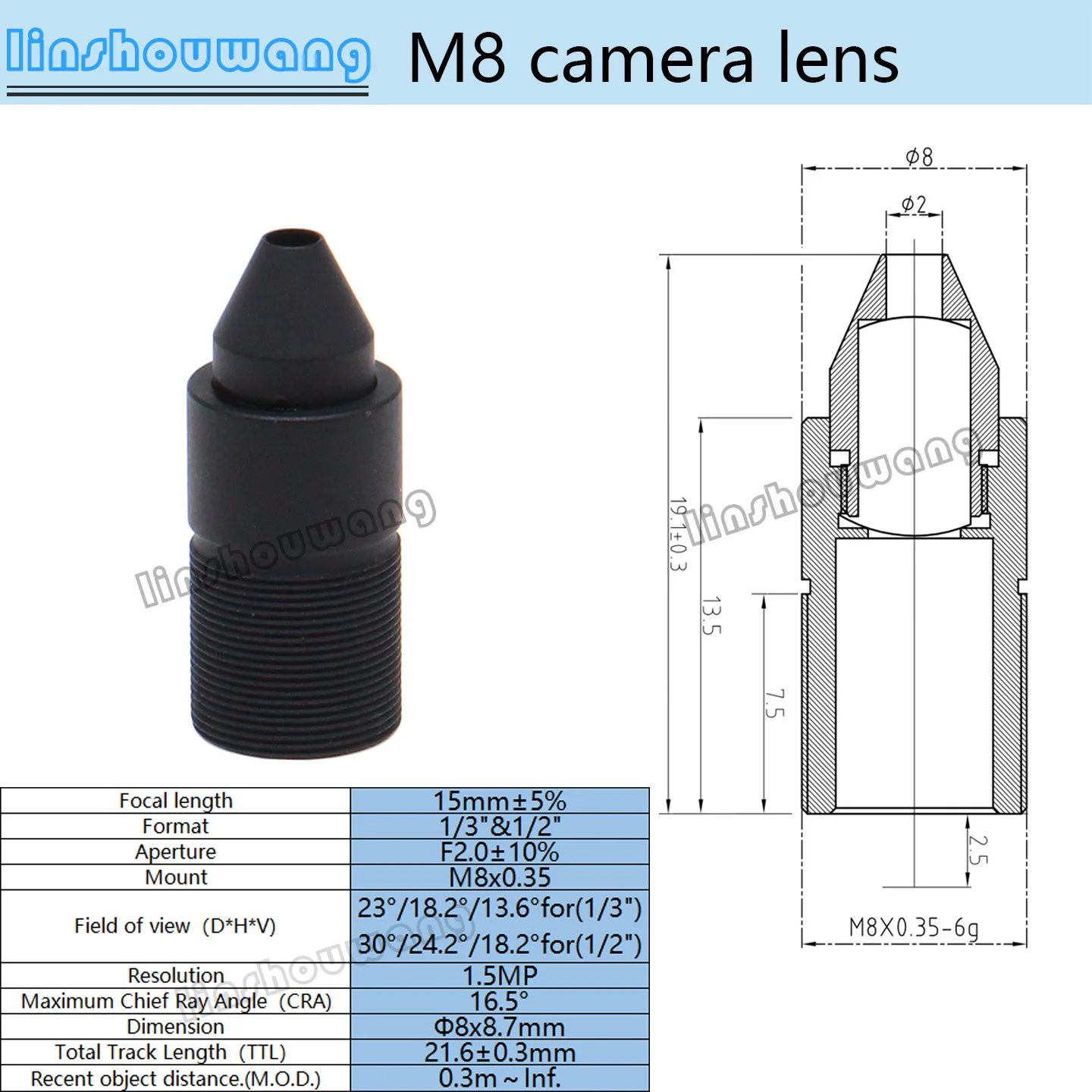 M8*0.35 Efl 15mm Pinhole Lens, F2.0 Sharp Small Hole 2mm, Small Field of View Angle, Suitable for 1/3