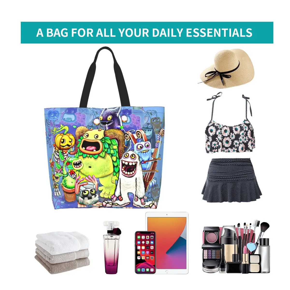 My Singing Monsters Characters Shopping Tote Bag Canvas Large Capacity Shoulder Bags Shopper Grocery Handbag for Women
