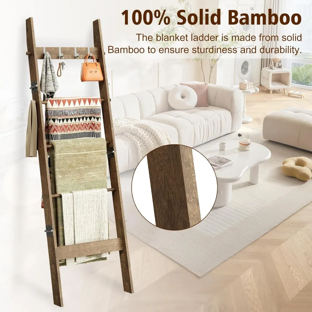 رف سلم من الخيزران مكون من 5 طبقات، سلم بطانية على طراز المزرعة، سلم زخرفي ريفي مع 4 خطافات قابلة للإزالة، بني #6