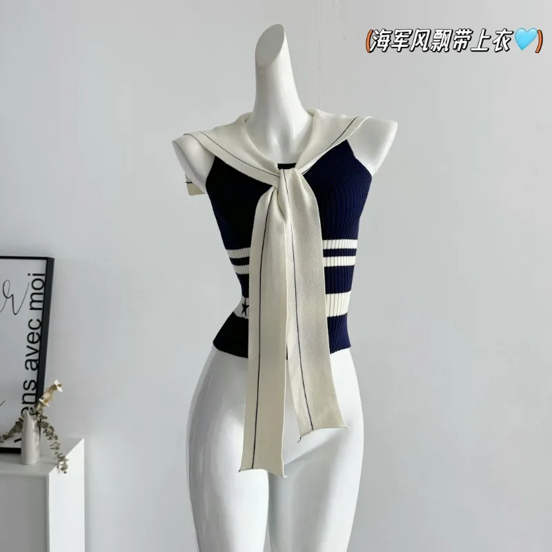 

Sweet Hot Girl Blue and White Striped Sailor Collar Vest for Women's Summer Lace-up Slim Fit Fashion Knitted Sleeveless Shirt