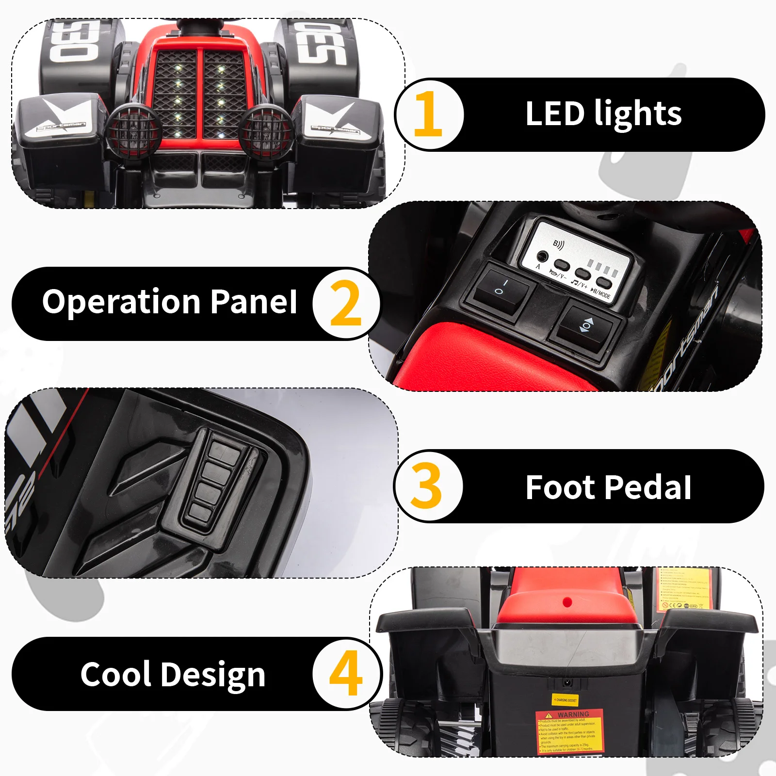 Giro elettrico su ATV per bambini a 4 ruote da 6 V, macchinina con luci a LED, connettività MP3, funzioni avanti e indietro, per oltre 3 anni