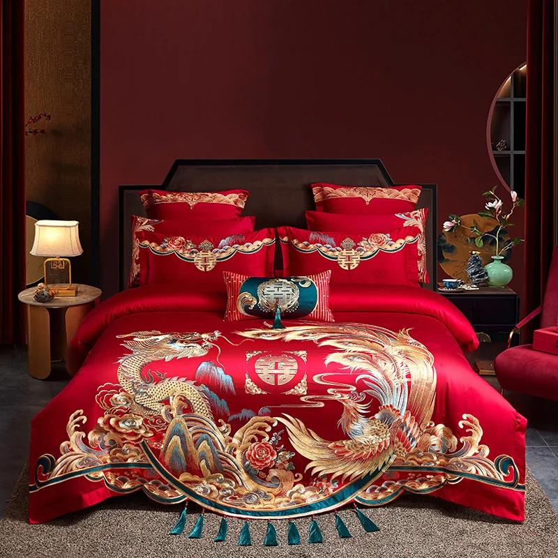 

Golden Loong Phoenix Embroidery Duvet Cover Set Luxury Chinese Wedding Red Egyptian Cotton Tassels Bedding Bed Sheet Pillowcases