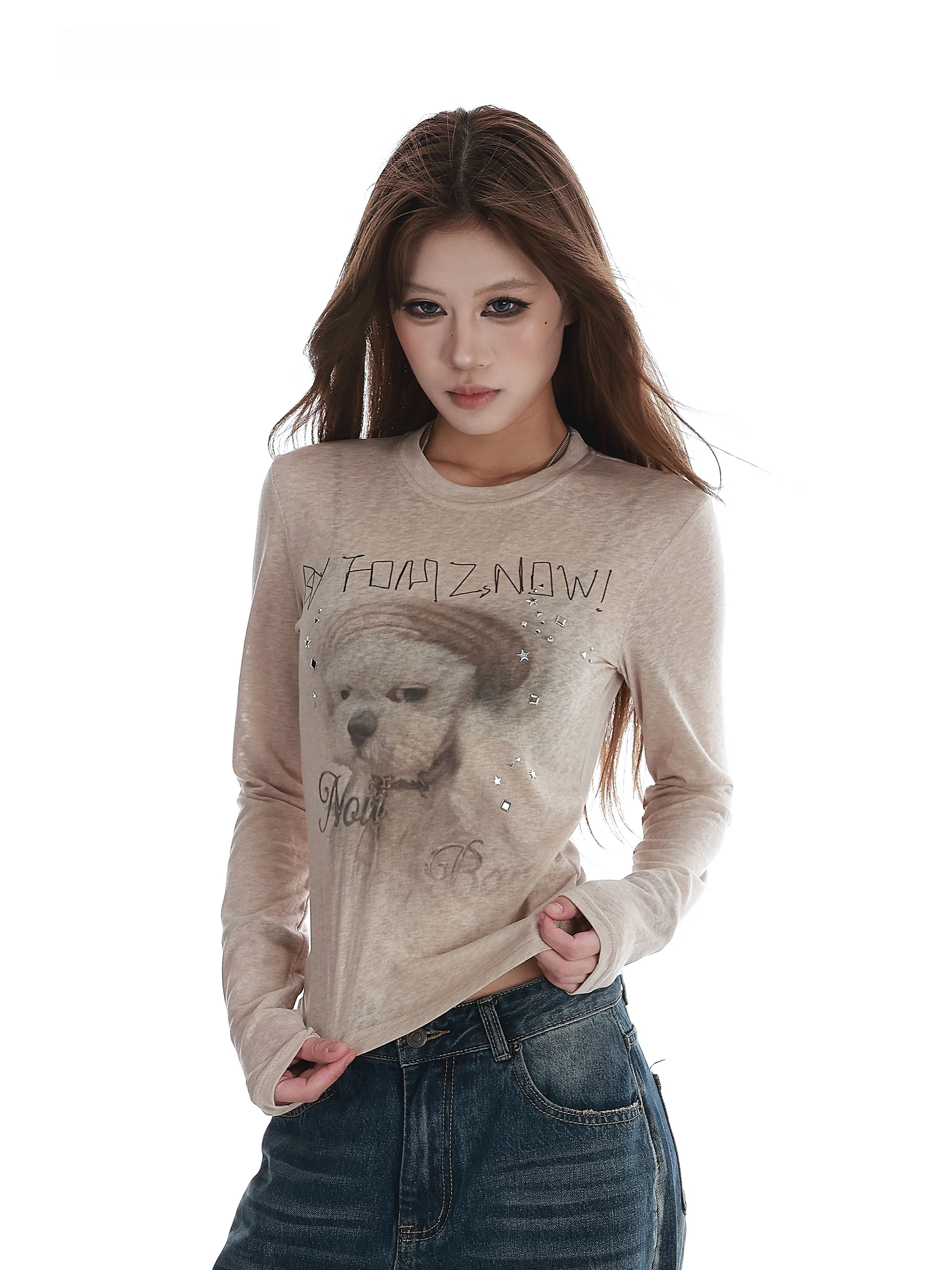 

VINMUK Американская ретро-футболка с длинным рукавом, женская, приталенная, с принтом собаки, термо, с эффектом бриллиантов, весенняя, микро-прозрачная, короткий рукав, Inn...