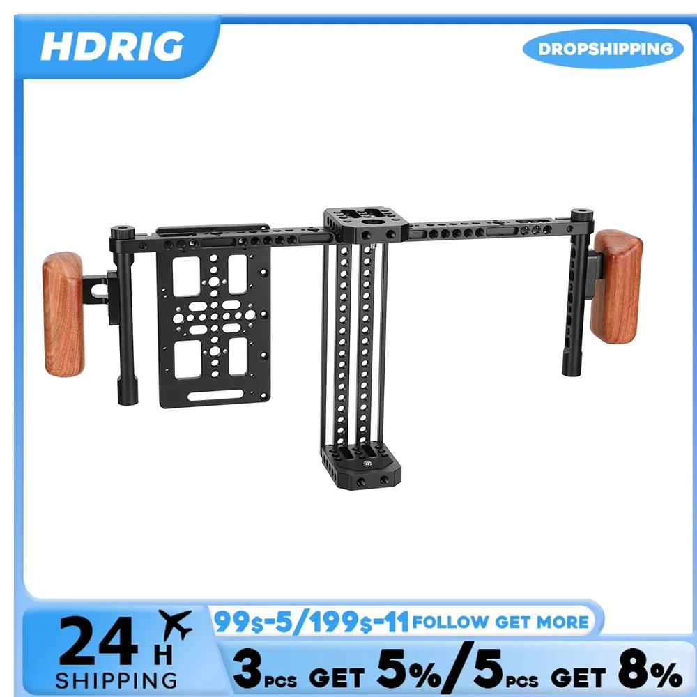 HDRIG Adjustable Director\'s Monitor Cage Rig With Battery Backboard & Wooden Handle Gripss for 5\