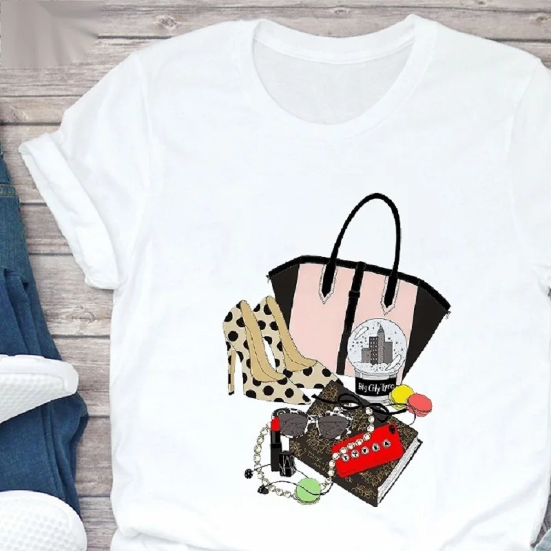 Women Red Polka Dot Handbag High Heels Graphic T-shirt Fashion Lady Accessories Casual Short Sleeve Tee