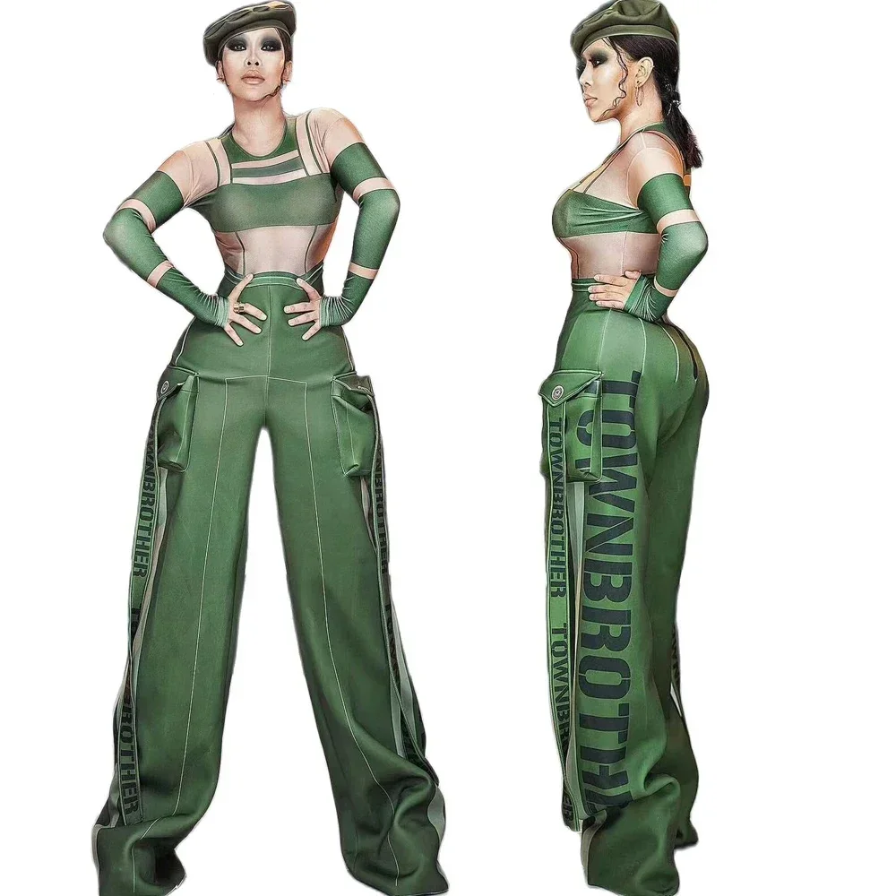 Army Green Long Sleeves Jumpsuits Wide Leg Letter Pants Fashion Show Stage Costume Drag Queen Rave Outfits Party Clothing