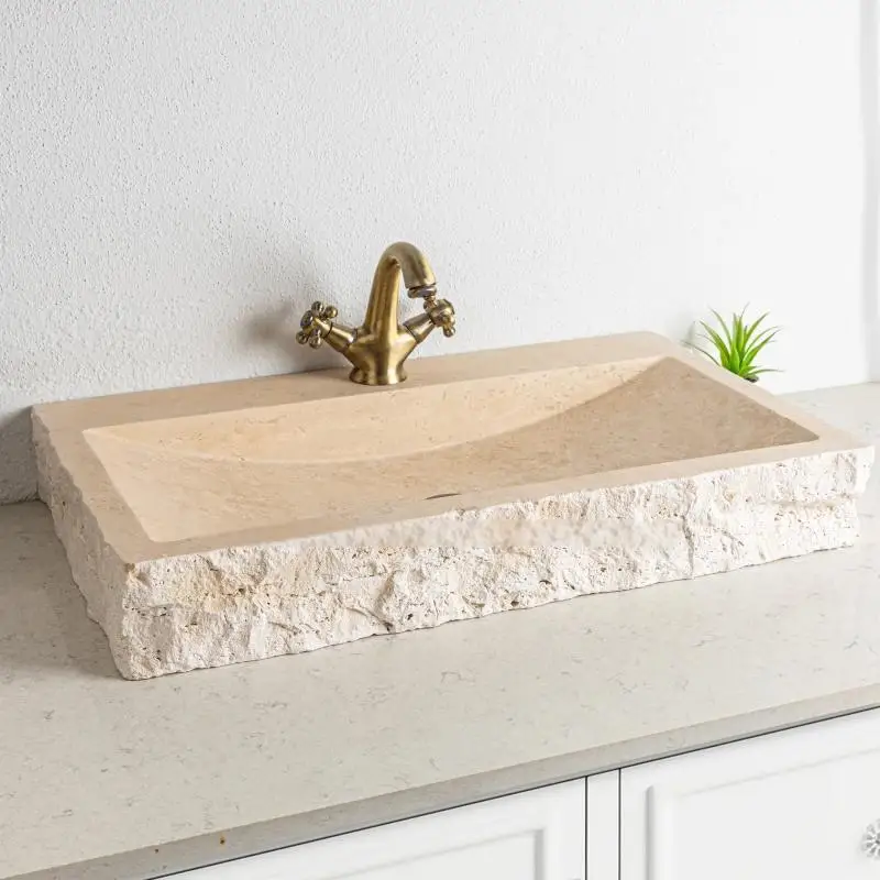 Lavabo in Travertino Dorato Naturale su Misura, Forma Irregolare, Lavabo Artistico per Hotel, Villa, Cortile, Lussuoso
