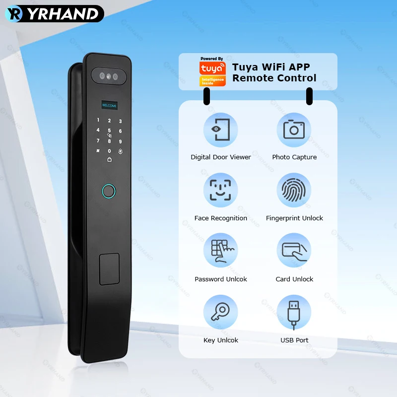 YRHAND V6 fechadura eletronico digital Tuya Wifi 3D Face Recognition Camera Keyless Smart Door Lock for Home