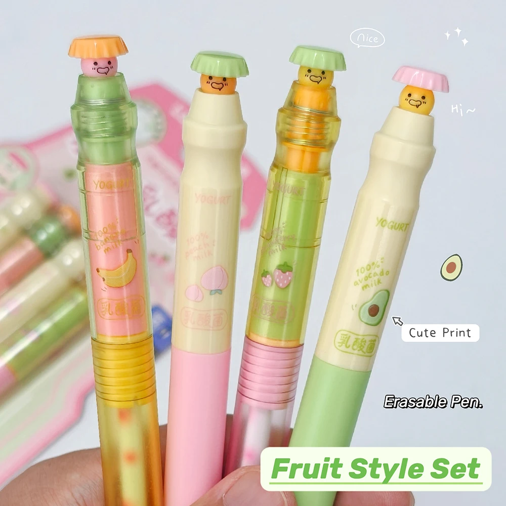 4 Pcs Fruit Style Erasable Pen Set 0.5mm Dopamine Style Quick-Dry Pen Cute Yogurt Bottle Shape Black or Blue Gel Pens