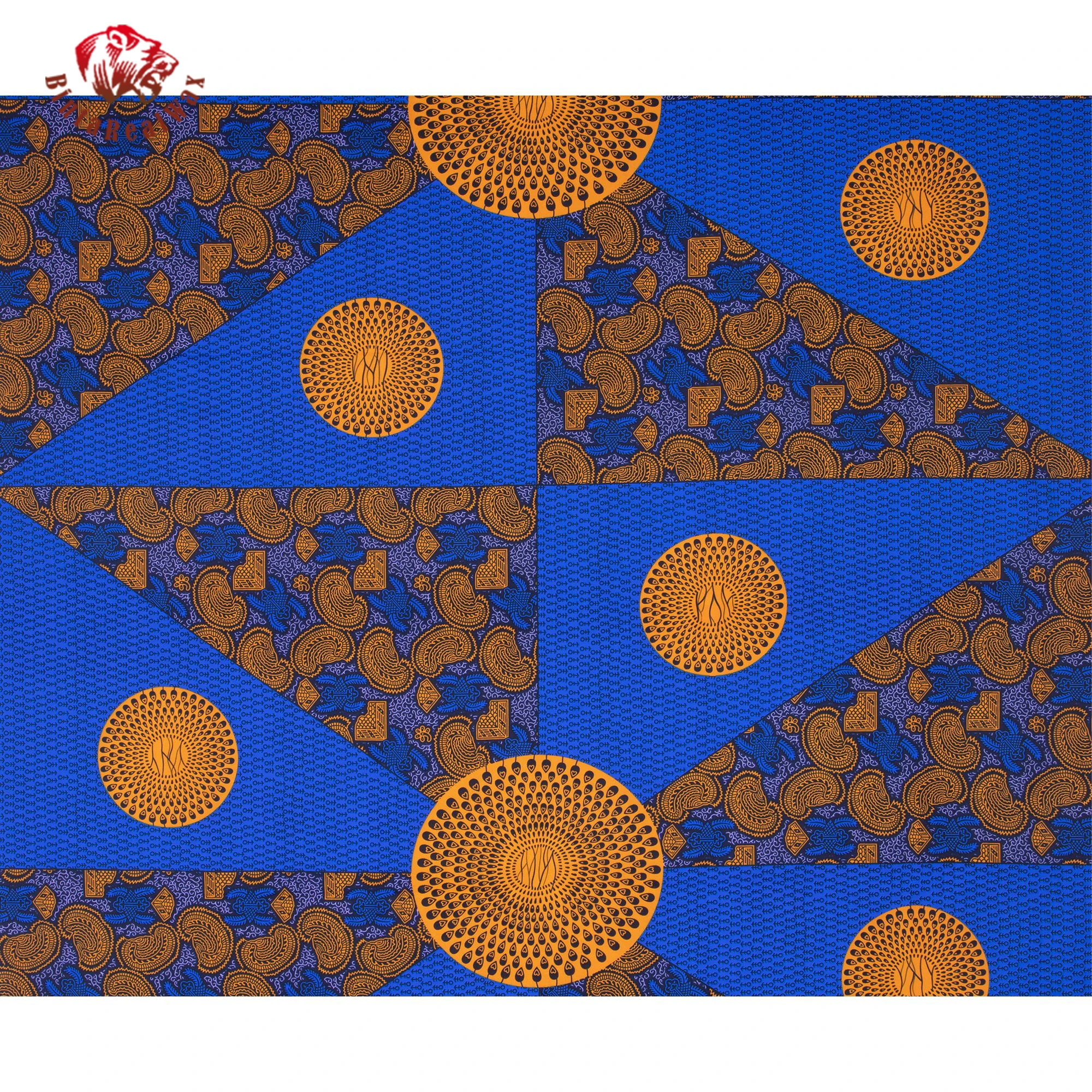 African Ankara Wax Print Fabric – Blue & Gold Peacock & Paisley Design Perfect for Dress, Skirt, Headwrap FP6703 view 2
