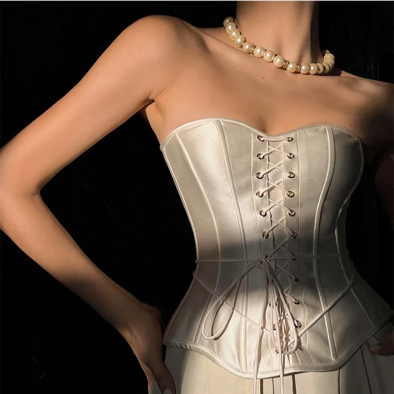 

Summer new retro demure elegant temperament bottoming herringbone waist tie with bustier tops