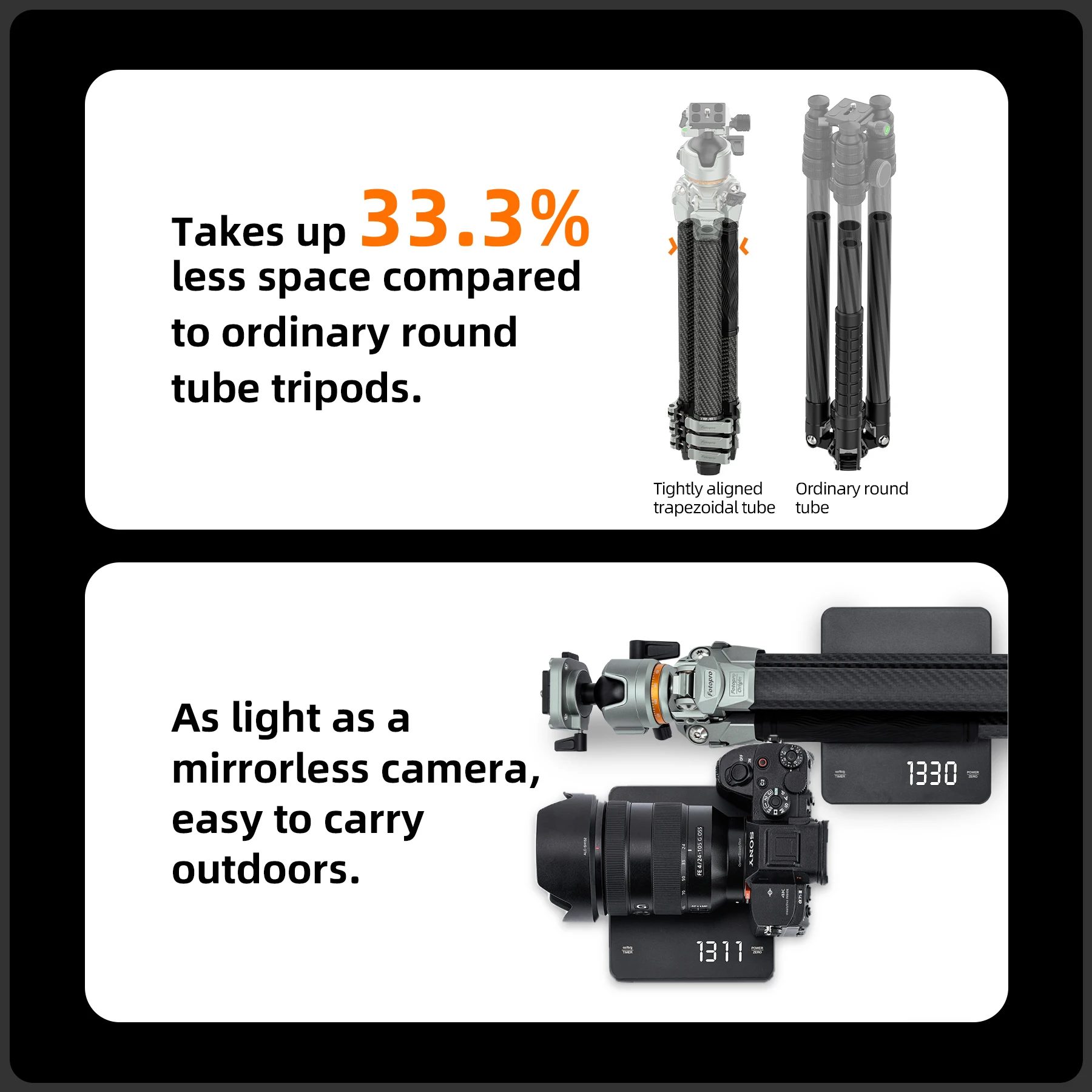 حامل ثلاثي القوائم من سلسلة Fotopro Origin المدمج من ألياف الكربون، حامل ثلاثي احترافي عالي التحمل للسفر للكاميرا بحد أقصى 33 رطلًا #4