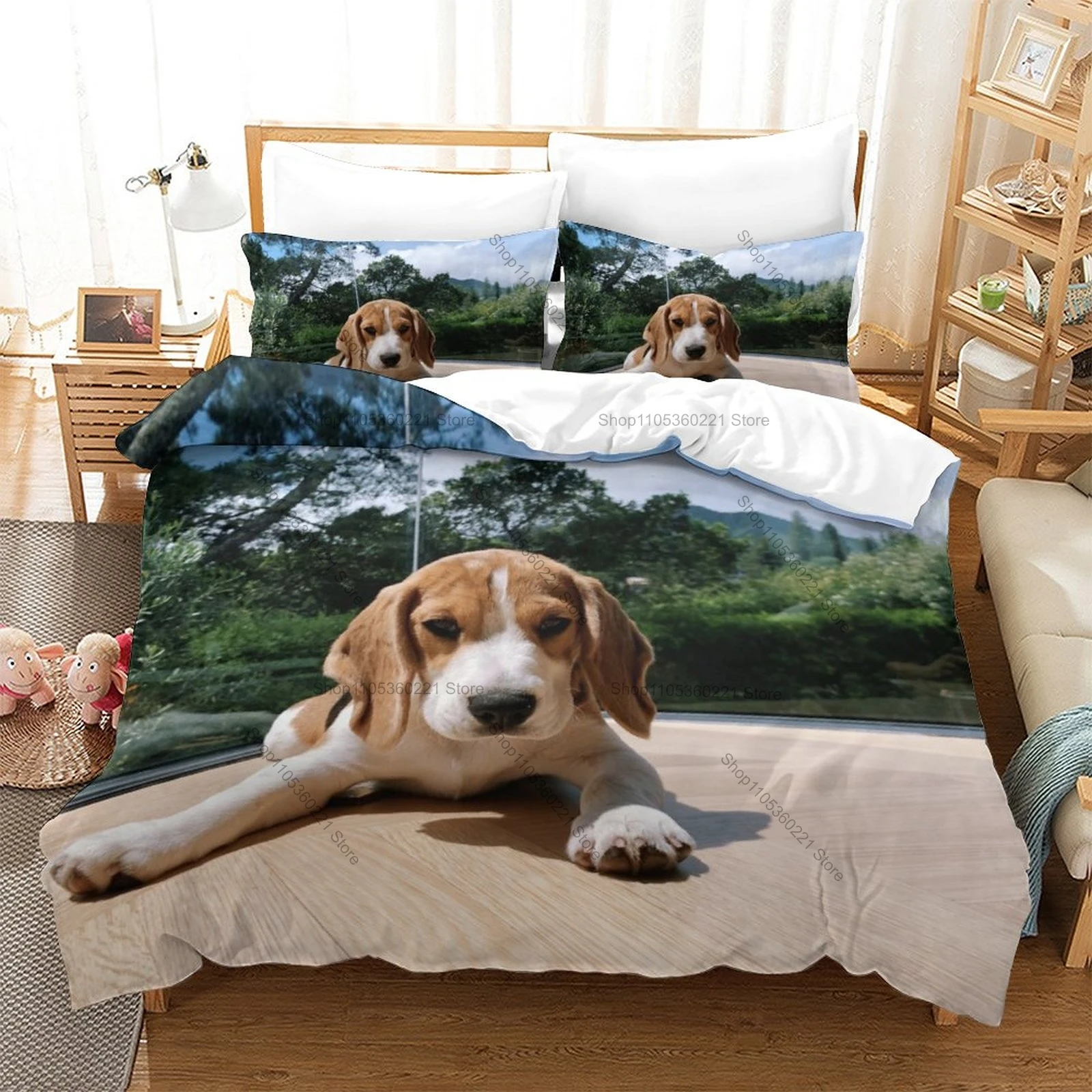 Beagle Dog Bedding Set, Duvet Cover + 2 Pillowcases Lovely Hound Pattern Bed Sheets for Home & Dorm Decoration