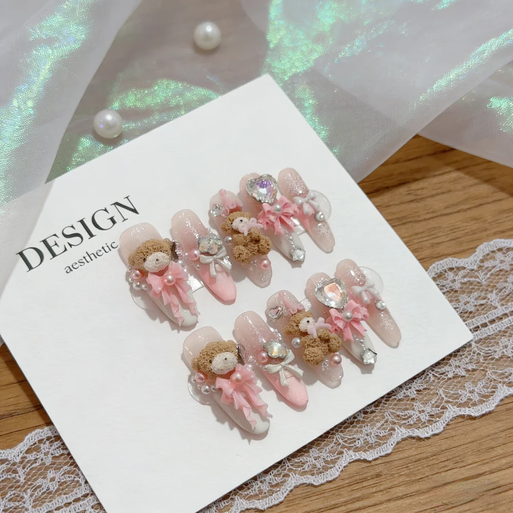 

10PCS Sweet Dreamy Handmade Press On Nails 3D Bear Lolite Fake Nails Pink Bow Long Stiletto Nail Art 네일팁 Накладные