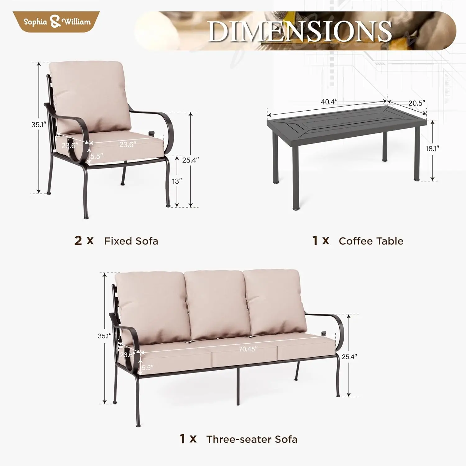 Patio Furniture Set, Outdoor Conversation Sets 5 Seat Clearance with 3-seat Sofa x 1, Cushioned Chair x 2, Metal Coffee