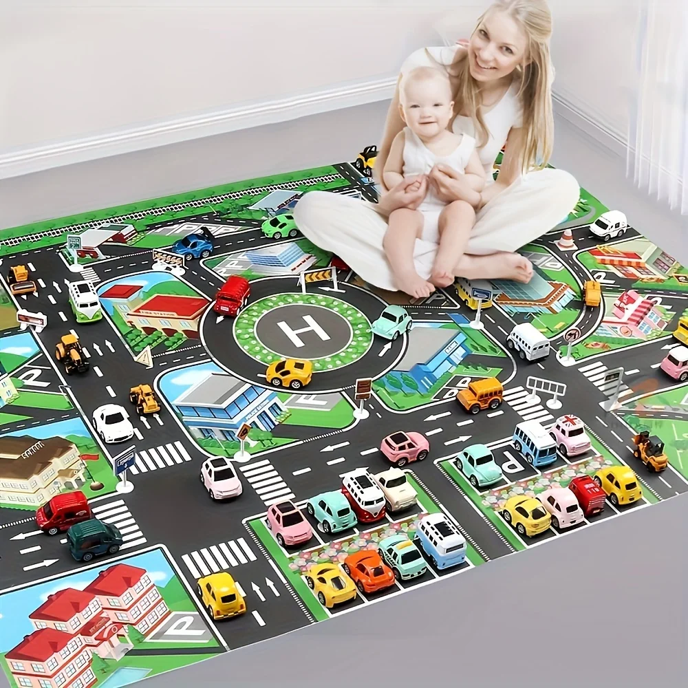 1 Stück, Stadtverkehr-Spielmatte, großes Spielpad, wasserdicht, interaktive Straßenkarte für spielende Kinder mit Spielzeugautos, Lernwerkzeug