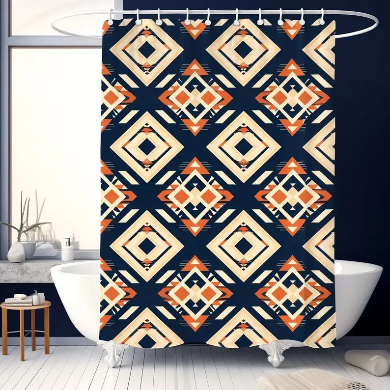 Modern Aztec Shower Curtain: Geometric Orange & Blue Pattern