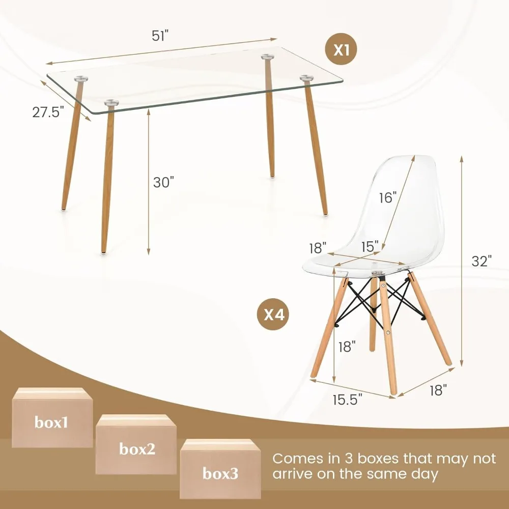 Glazen Eettafel Set Voor 4, Modern Gehard Glas Keukentafel En Stoelen, Glazen Eettafel Voor Kleine Woonkamer