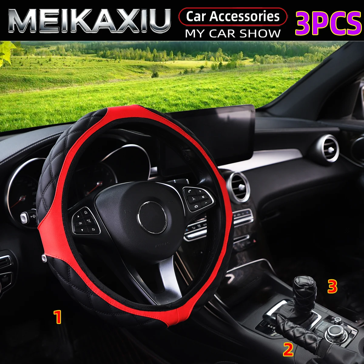 3PCS PU Leather Embroidered Steering Wheel Cover Set for 15inchs  Rimless Car with Brake Handle & Gearshift Cover