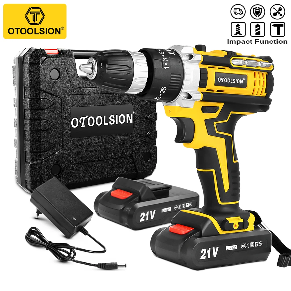 OTOOLSION New 21V Impact Cordless Drill Electric Screwdriver Rechargeable Battery Wireless Hand Drill Power Tools For DIY Home