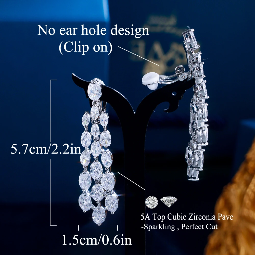 CWWZircons Luxury Oval Cubic Zirconia Long Dangle Drop Wedding Bridal Party No Piercing Clip on Earrings Without Ear Hole CZ894