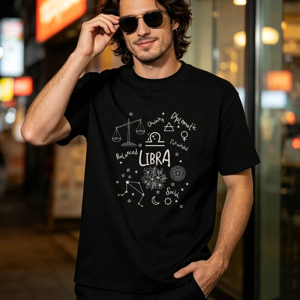 Libra Zodiac Constellation T-shirt Astrology Symbols Tee Doodle Star Moon Scale Cotton Tops Astrology Zodiac Streetwear Tees