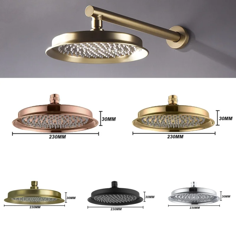 Brushed Gold Round 9 Inch Stainless Steel High Pressure Rain Shower Head Wall Mounted Shower Arm Bathroom Accessories