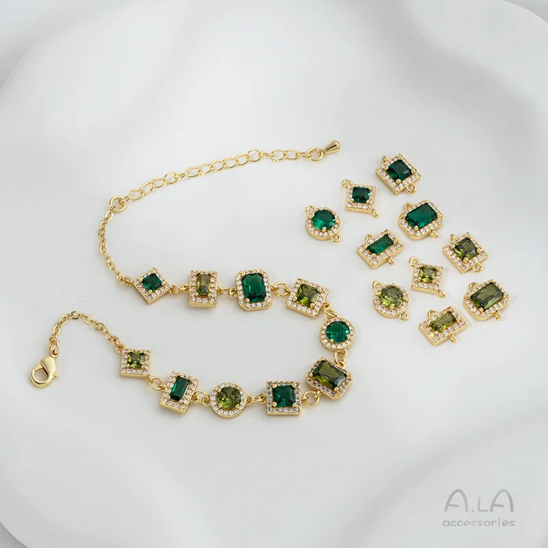 14K Gold Color Retention Emerald Olive Green Zircon Inlaid Geometric Double Rings For DIY Jewelry Accessories