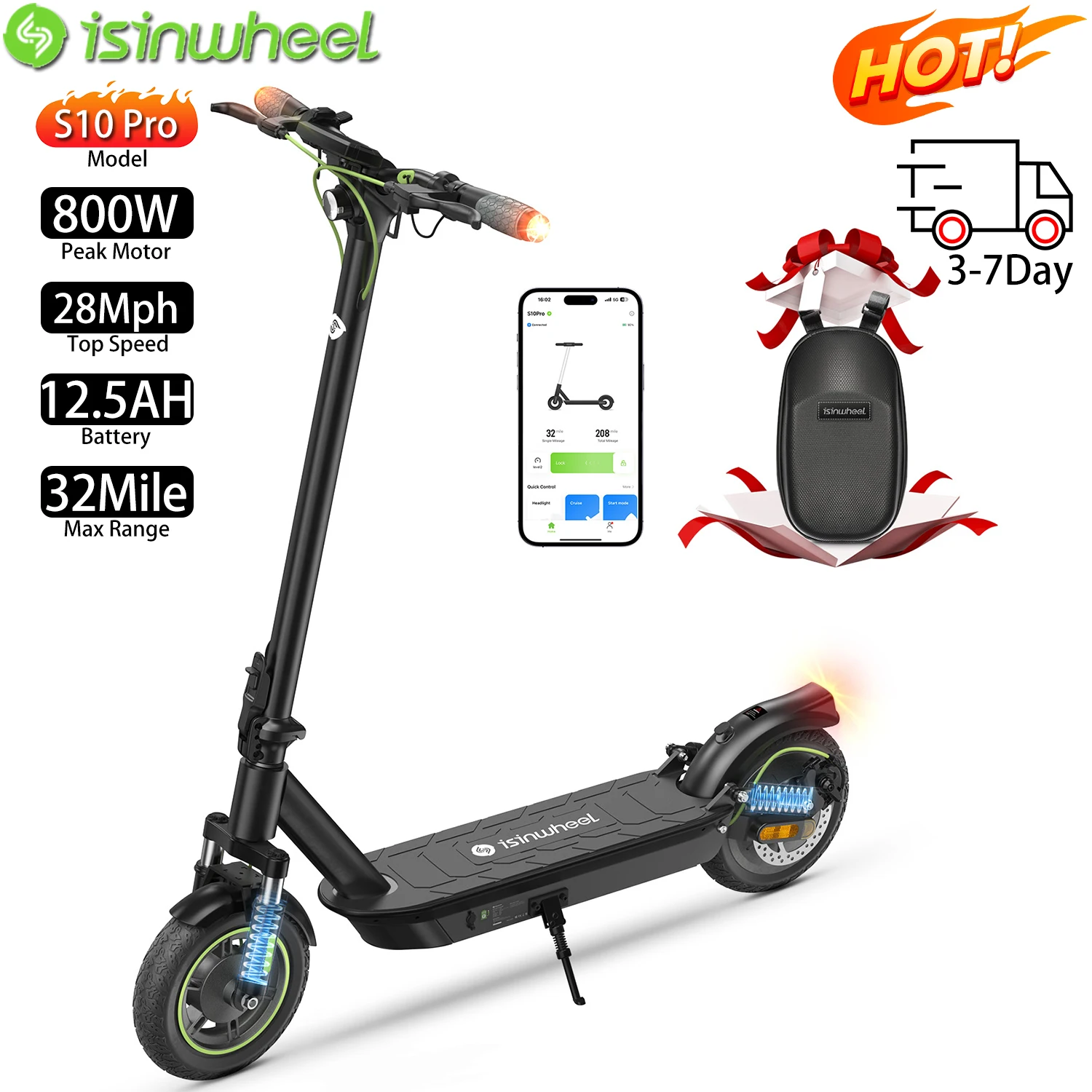 

Foldable Electric Scooter For Adult lsinwheel S10 Pro 10" With 800W Motor Top Speed 28Mph 48V 12.5AH Range 32Mile City E-Scooter