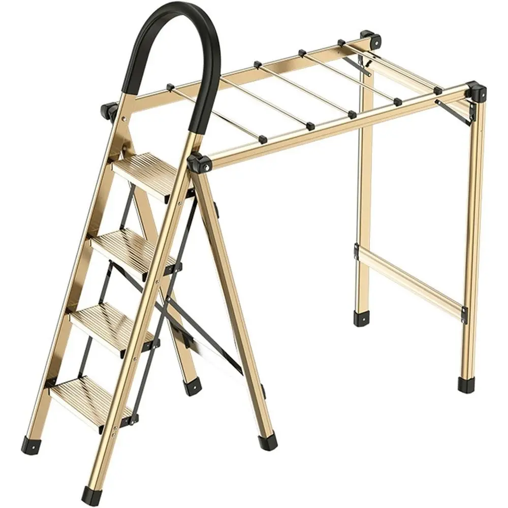 

Gold 4-Step Indoor Folding Ladder Drying Rack for Clothes, Retractable Balcony Laundry Stand